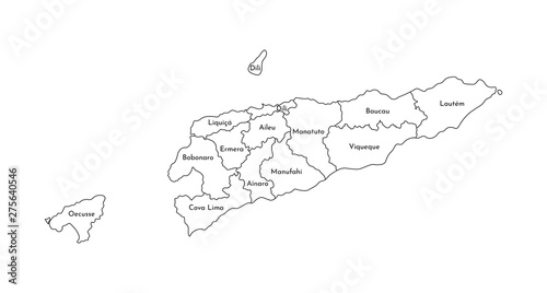Vector isolated illustration of simplified administrative map of East Timor (Timor-Leste). Borders and names of the regions. Black line silhouettes photo