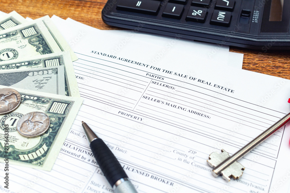House, home, property, real estate purchase buying sale contract agreement pen money coins keys wooden background, expenses, buying, investment, finance, savings, concept close up selective focus