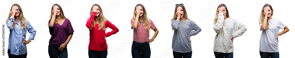 Collage of young beautiful blonde woman over isolated background covering one eye with hand with confident smile on face and surprise emotion. Collage of young beautiful blonde woman over isolated background covering one eye with hand with confident smile on face and surprise emotion.