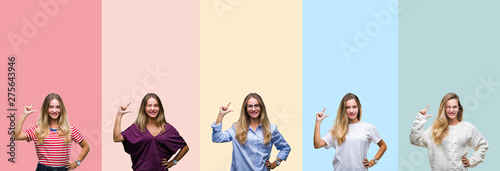 Collage of beautiful young woman over colorful stripes isolated background smiling and confident gesturing with hand doing size sign with fingers while looking and the camera. Measure concept.