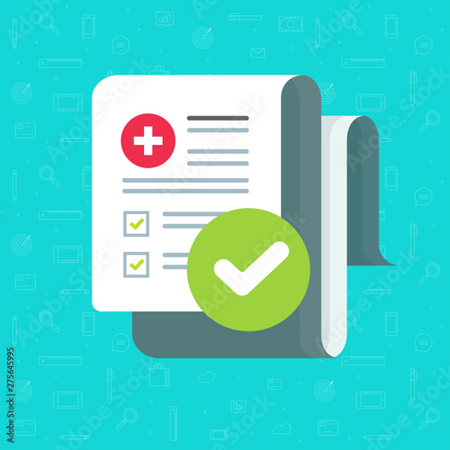 Medical healthcare form check list notice with health results data and approved check mark vector icon, flat clinical checklist document with checkbox, insurance or medicine service concept image
