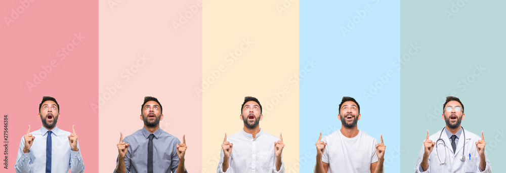 Fototapeta premium Collage of handsome man over colorful stripes isolated background amazed and surprised looking up and pointing with fingers and raised arms.
