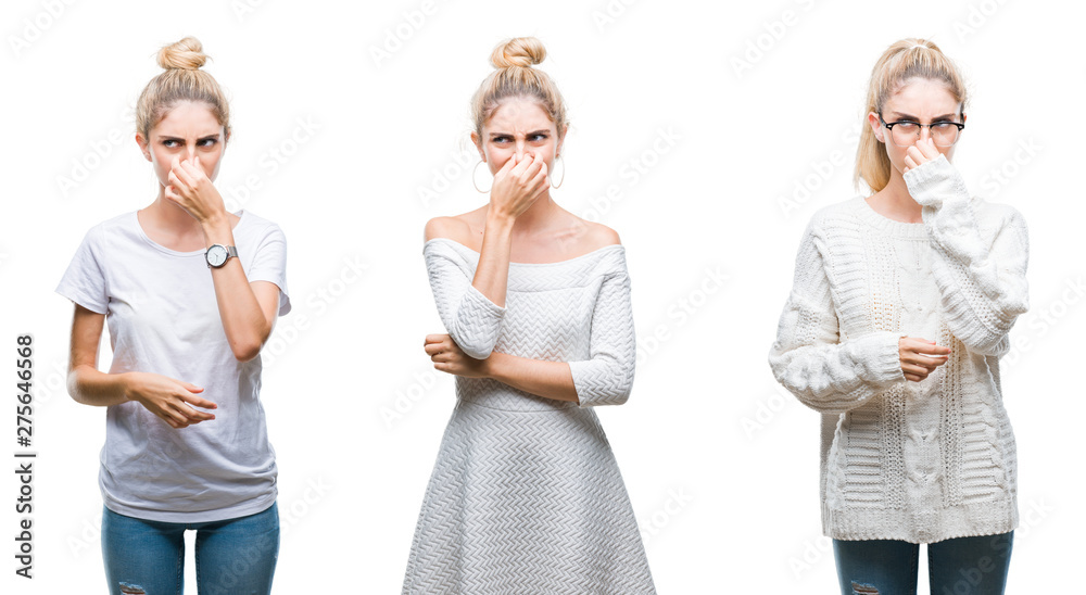 Collage of young beautiful blonde woman over white isolated background smelling something stinky and disgusting, intolerable smell, holding breath with fingers on nose. Bad smells concept. Collage of young beautiful blonde woman over white isolated background smelling something stinky and disgusting, intolerable smell, holding breath with fingers on nose. Bad smells concept.