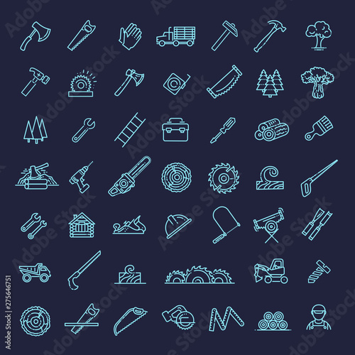 Logging, sawmill line icons. Instruments for working with wood