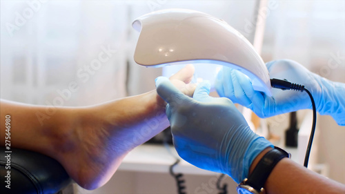 Professional pedicure is beauty salon. Pedicurist woman in gloves is holding UV lamp above the foot. She is drying shellac on client toes, foot closeup.