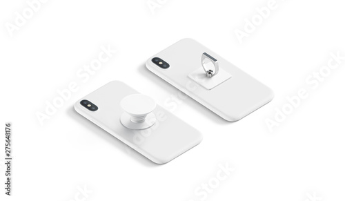 Blank white finger grip and pop socket on phone lying, isolated, side view, 3d rendering. Empty sticked popsocket on cellphones. Clear fingergrip accessory for smartphone mokcup. photo