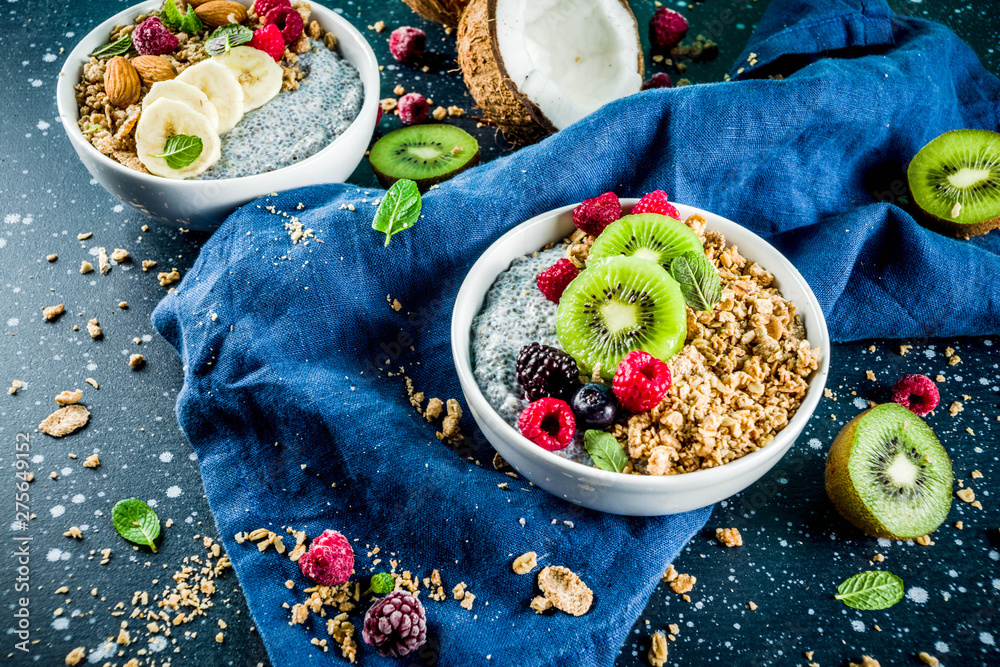 Granola with chia seeds yogurt, fresh fruit and berries Granola with chia seeds yogurt, fresh fruit and berries
