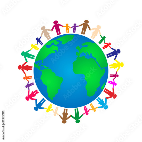 color paper people around earth isolated on a white background square vector illustration
