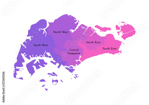 Vector isolated illustration of simplified administrative map of Singapore. Borders and names of the regions. Multi colored silhouettes