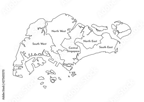 Vector isolated illustration of simplified administrative map of Singapore. Borders and names of the regions. Black line silhouettes