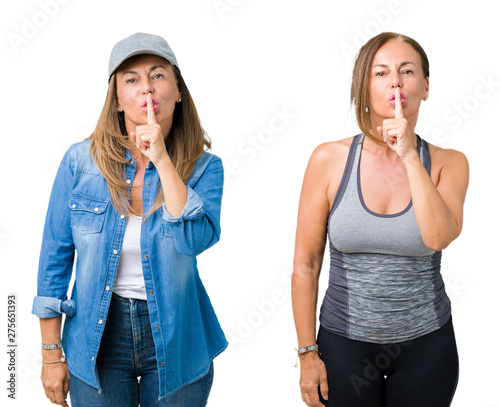 Collage of beautiful middle age woman wearing sport outfit over isolated background asking to be quiet with finger on lips. Silence and secret concept.
