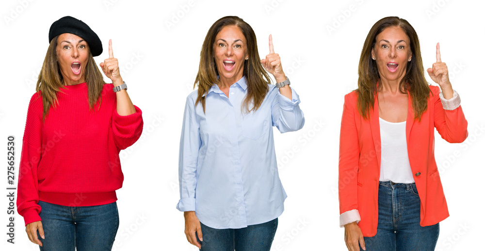 Obraz premium Collage of beautiful middle age woman over white isolated background pointing finger up with successful idea. Exited and happy. Number one.