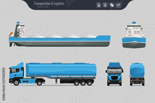 Cargo ship on a grey background. Isolated realistic fuel tanker truck. Vector illustration.