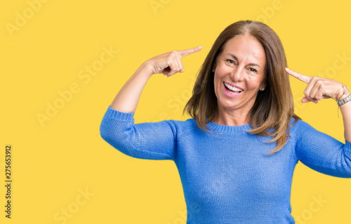 Middle age beautiful woman wearing winter sweater over isolated background Smiling pointing to head with both hands finger, great idea or thought, good memory