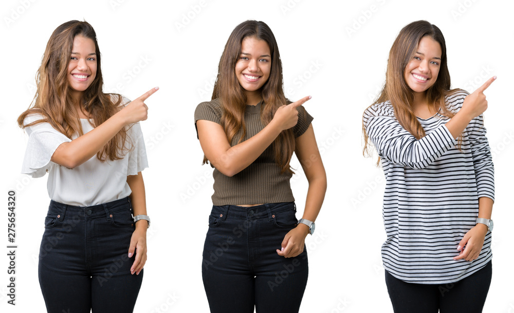 Collage of beautiful young woman over isolated background cheerful with a smile of face pointing with hand and finger up to the side with happy and natural expression on face