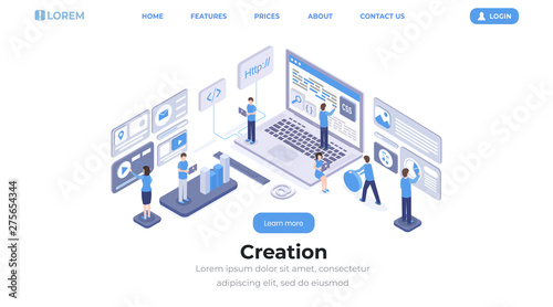 Software creation landing page isometric template. App programming and coding, website development and optimization studio team working web banner layout. Programmers and developers 3d characters