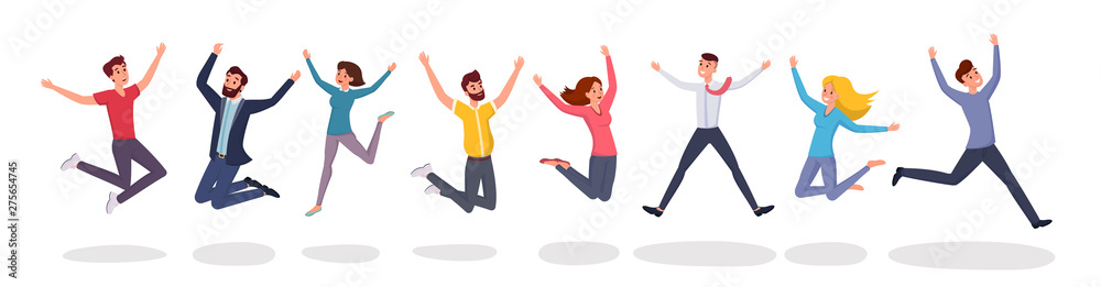 Happy jumping people flat illustration. Group jump photo, students, friends celebrate winning cartoon characters. Victory and teamwork, celebration party isolated on white background