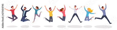 Happy jumping people flat illustration. Group jump photo, students, friends celebrate winning cartoon characters. Victory and teamwork, celebration party isolated on white background