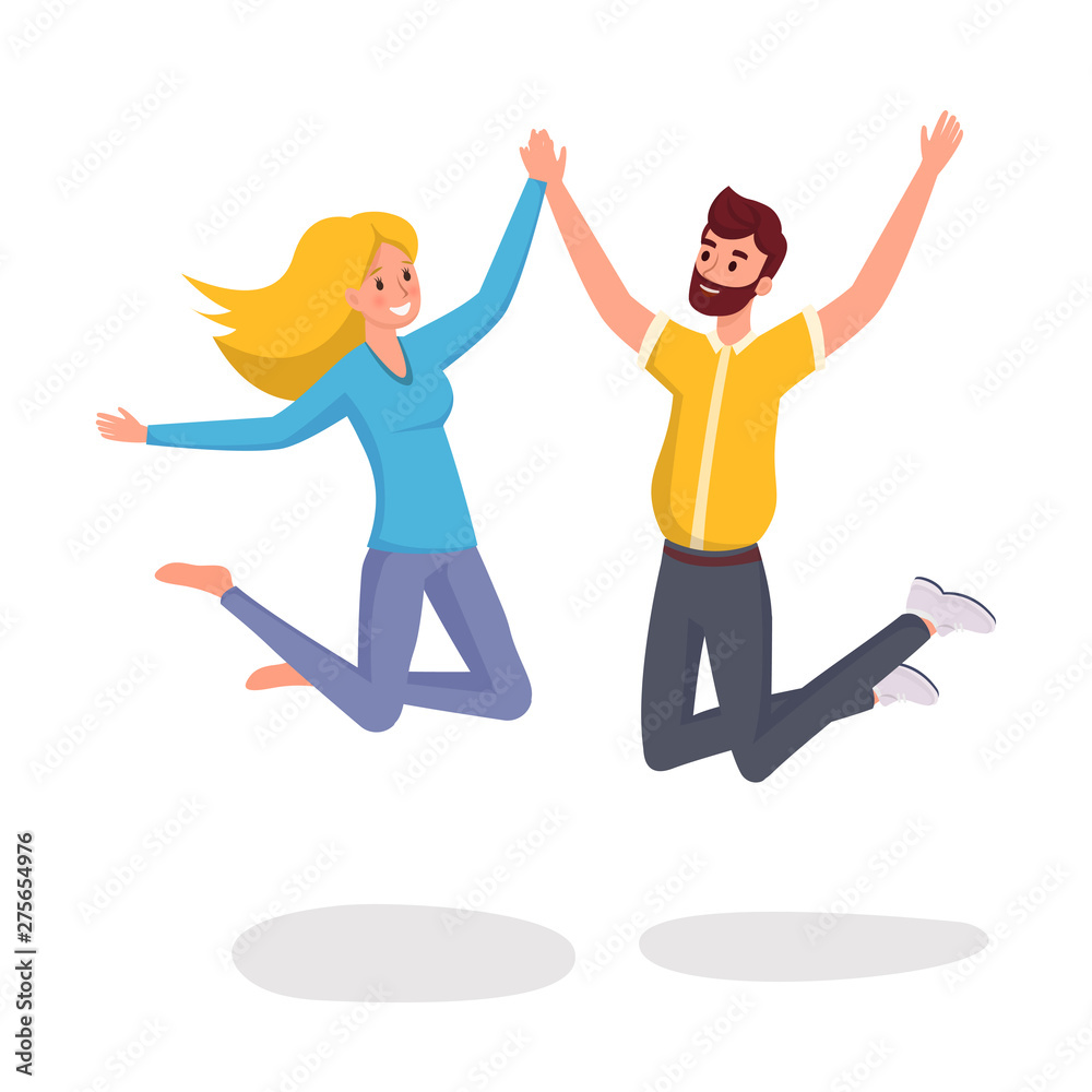 Jumping friends flat vector illustration. Happy and funny husband and wife, students in casual clothes cartoon characters. Fun and friendship, boyfriend and girlfriend on white background