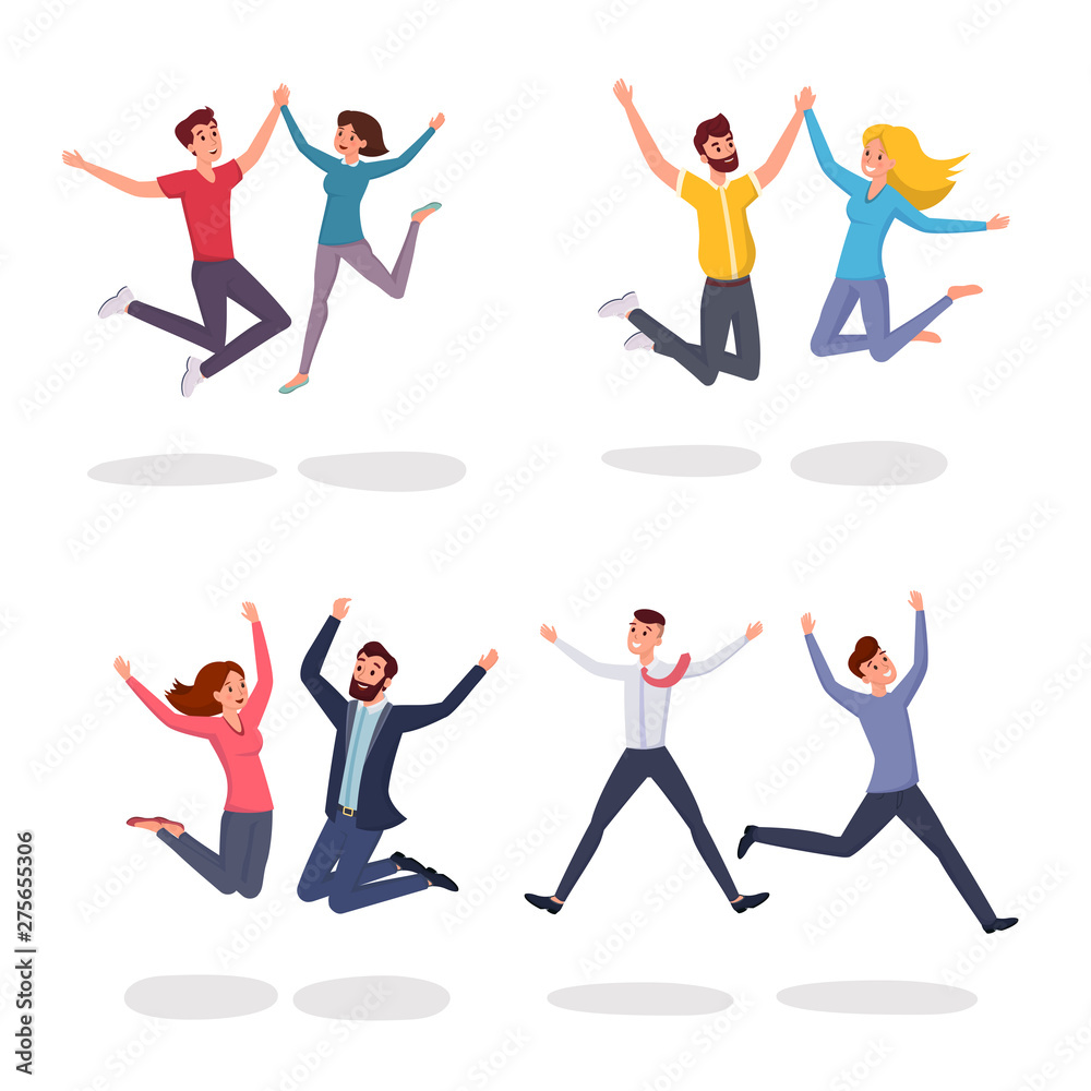 Jumping people flat vector illustrations set. Smiling students, colleagues, couple, friends leaping in excitement cartoon characters. Celebrating success, winning on white background Jumping people flat vector illustrations set. Smiling students, colleagues, couple, friends leaping in excitement cartoon characters. Celebrating success, winning on white background