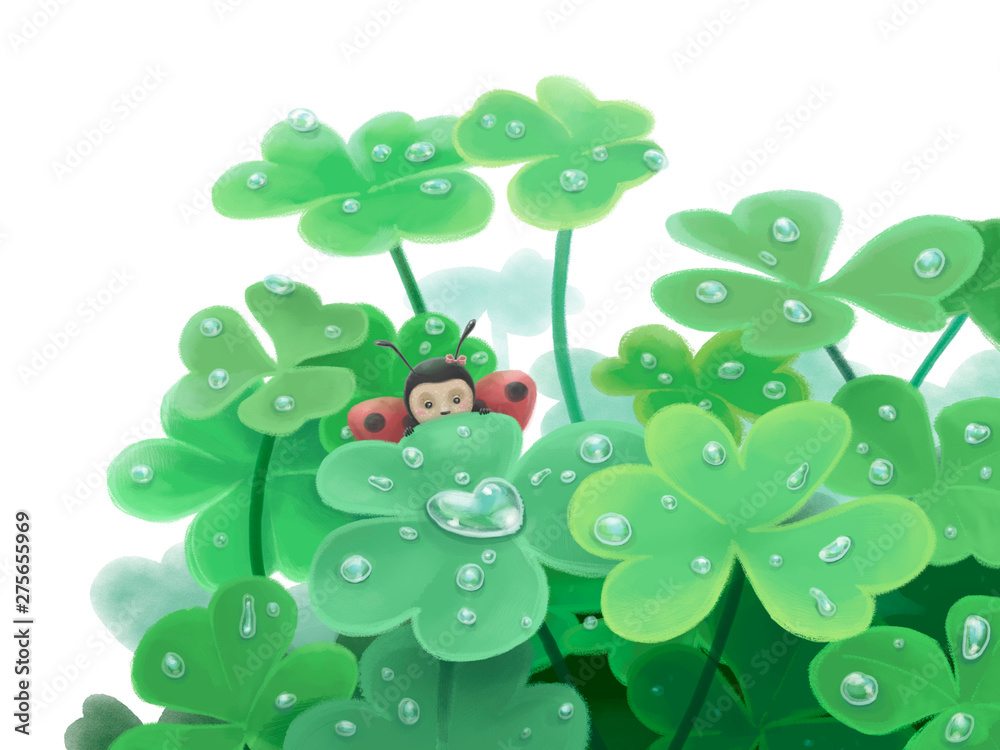 Naklejka premium Digital illustration of cute ladybug hiding under the leaf of the clover