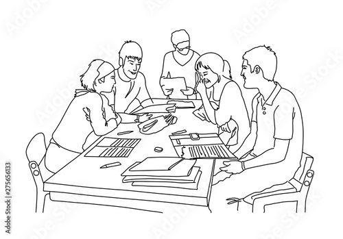 Students working funny and busy in a group class. Vector illustration black and white sketch.