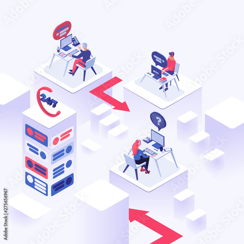 Online support isometric color illustration. Helpline operators with headset, consultant managers 3d cartoon characters. Online global tech support, office workers with headphones at workplace