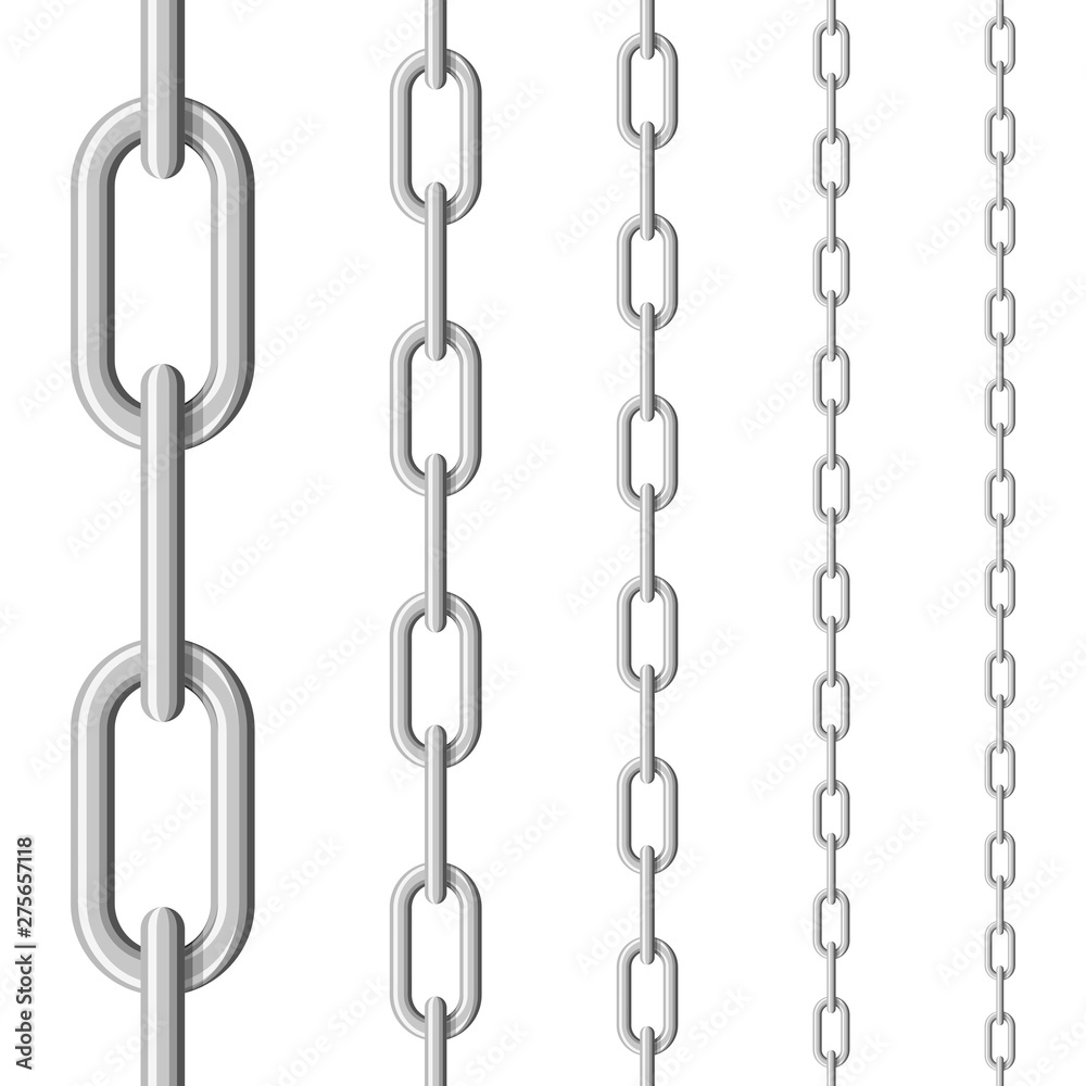 Set of seamless metal chains colored silver isolated on white background. Metal chain seamless pattern. Vector illustration