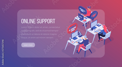 Online support center isometric landing page. Customer service operators at call center office, managers at workplace, assistance team website vector layout. Technical support 3d illustration