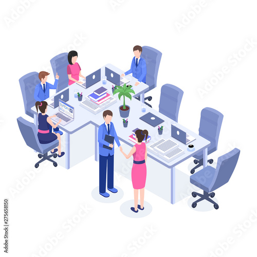 Teamwork vector color isometric illustration. Office workers, boss and employees at workplace 3d cartoon characters. Project managers meeting, problem solving, cooperation, brainstorming, partnership
