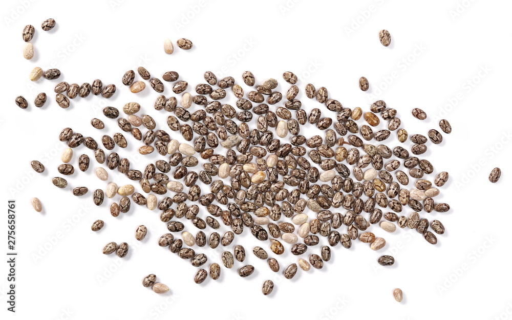 Chia seeds macro isolated on white background, top view Chia seeds macro isolated on white background, top view