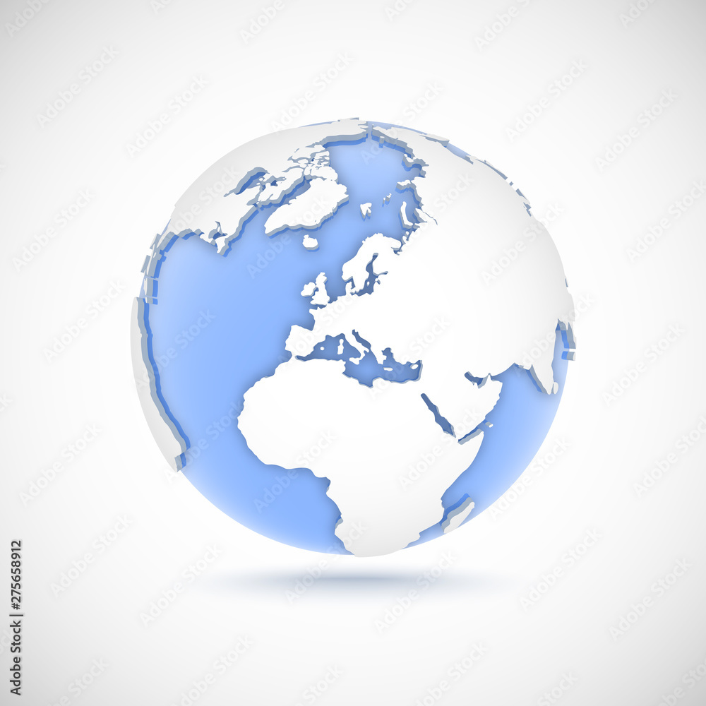 Volumetric globe in white and blue colors. 3d vector illustration with continents America, Europe, Africa, Asia Volumetric globe in white and blue colors. 3d vector illustration with continents America, Europe, Africa, Asia