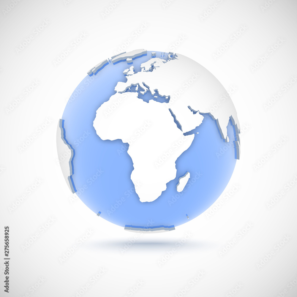 Volumetric globe in white and blue colors. 3d vector illustration with continents Africa, Europe, Asia