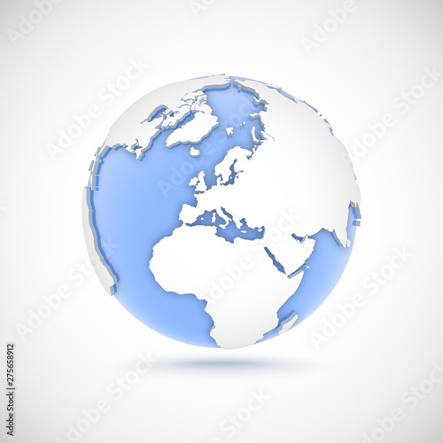 Volumetric globe in white and blue colors. 3d vector illustration with continents America, Europe, Africa, Asia