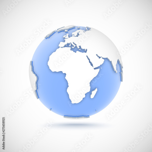 Volumetric globe in white and blue colors. 3d vector illustration with continents Africa, Europe, Asia