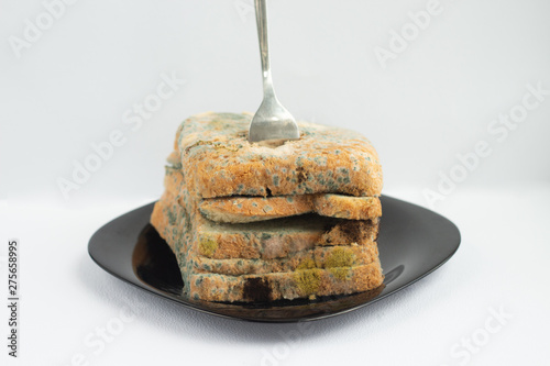 Mold grows quickly on moldy bread on a white background. Scientists turn a mushroom found on bread into an antiviral chemical. Moldy Refined Yeast Bread. Never eat the moldy bread. photo