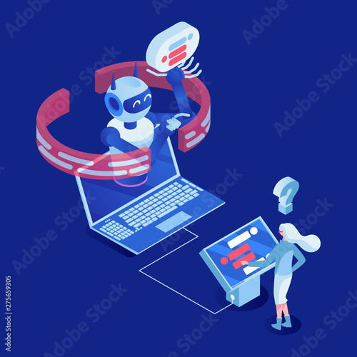 Client use chatbot vector isometric illustration. Office employee working with digital display 3d cartoon character. High tech modernization, customer support, artificial intelligence concept