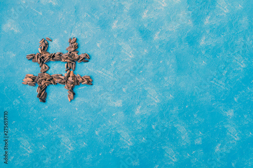 hashtag of salted black seeds on a blue background. Food typography. Design element.