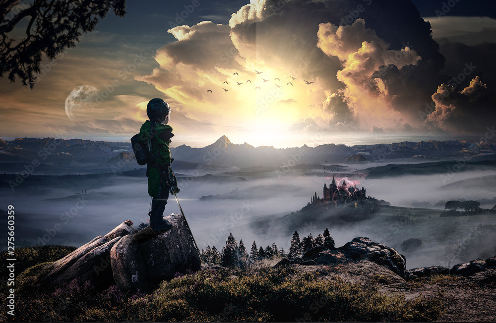 Obraz premium Zemsta bohaterskiego i odważnego dziecka na złym zamku (Fantazja)
