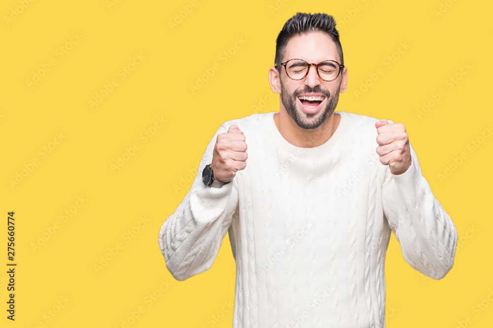 Young handsome man wearing glasses over isolated background excited for success with arms raised celebrating victory smiling. Winner concept. Young handsome man wearing glasses over isolated background excited for success with arms raised celebrating victory smiling. Winner concept.