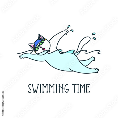 Swimming time. Illustration of funny cat swimmer isolated on white background. Vector 8 EPS.