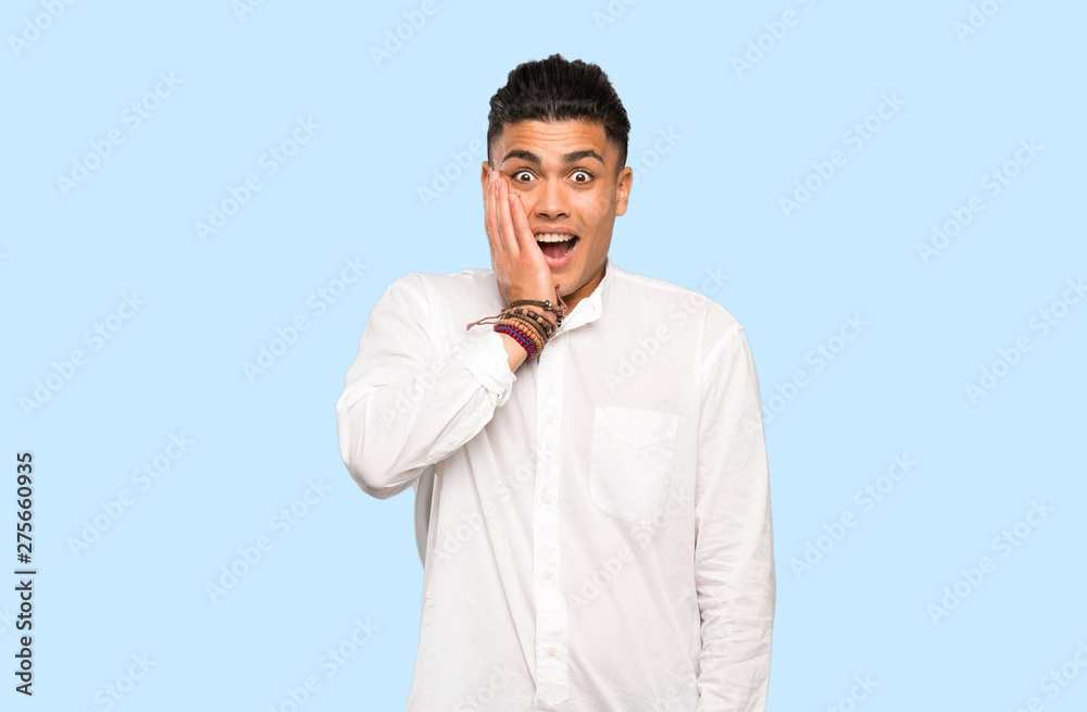 Young man with surprise and shocked facial expression on colorful background Young man with surprise and shocked facial expression on colorful background