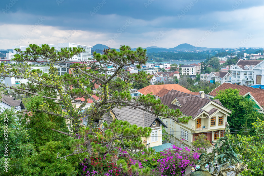 Obraz premium Panoramic view of green tree with flowers and roof of houses with sky before rain