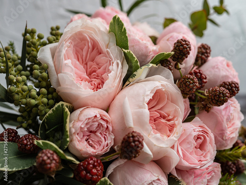 Fototapeta Naklejka Na Ścianę i Meble -  Beautiful wedding bouquet of shrub and peony gently pink roses.
