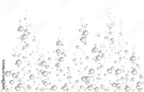 Underwater black fizzing air bubbles on white background.