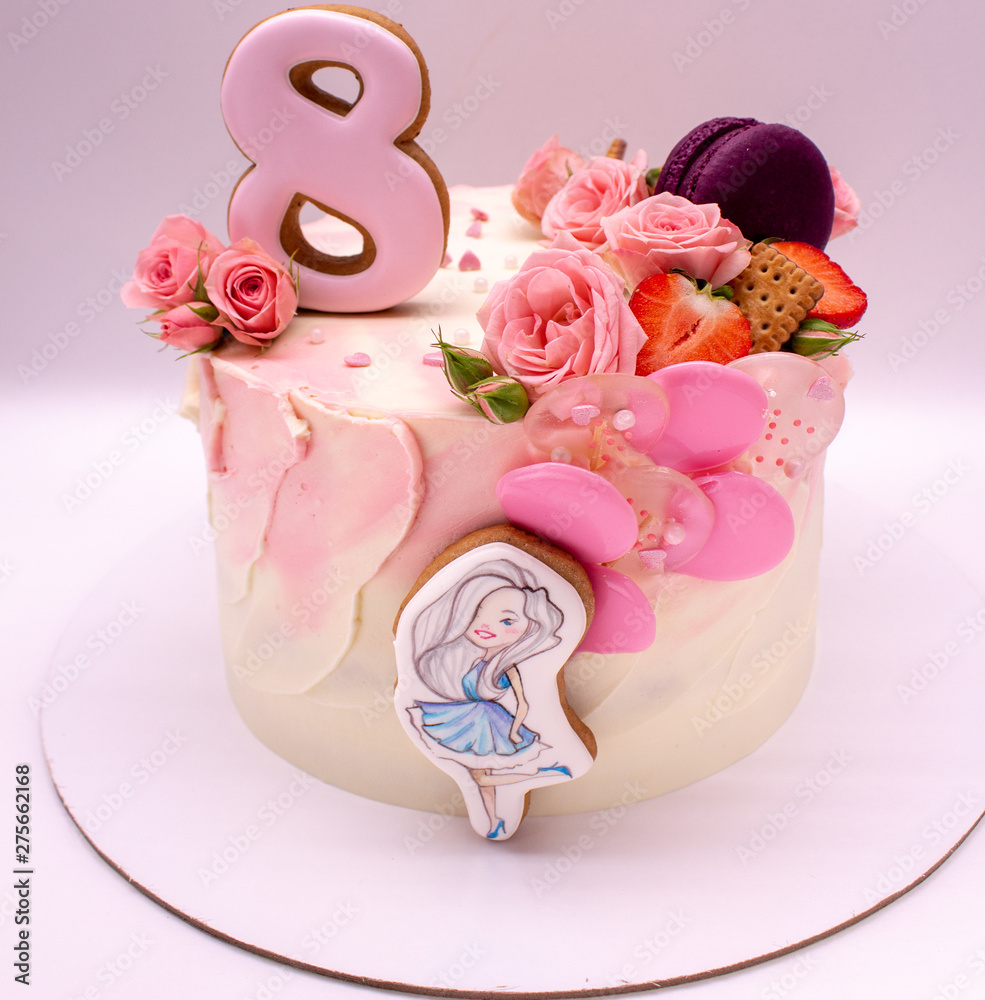 Plakat Gentle cake for 8th anniversary of the girl. Gingerbread, roses, macaroons, berries. On a white background
