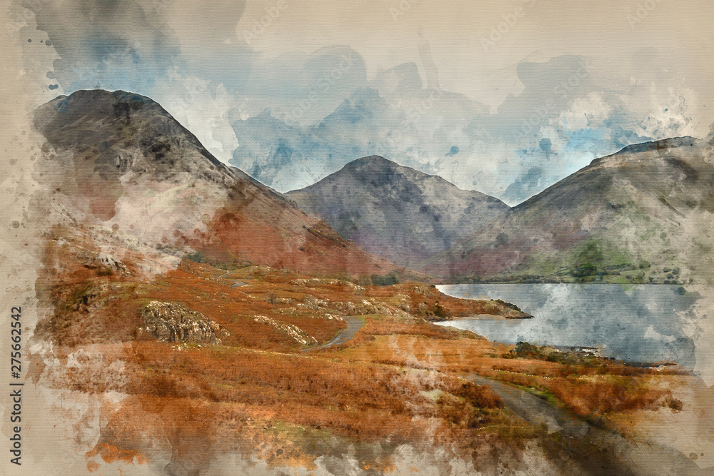 Digital watercolor painting of Beautiful sunset landscape image of Wast Water and mountains in Lake District in Autumn in England
