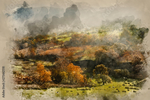 BDigital watercolor painting of eautiful Autumn Fall sunrise foggy landscape image over countryside in Lake District in England