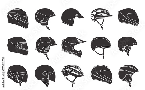 Set of racing helmets on a white background. Racing helmets for car, motorcycle and bicycle. Head protection. Monochrome icons. photo