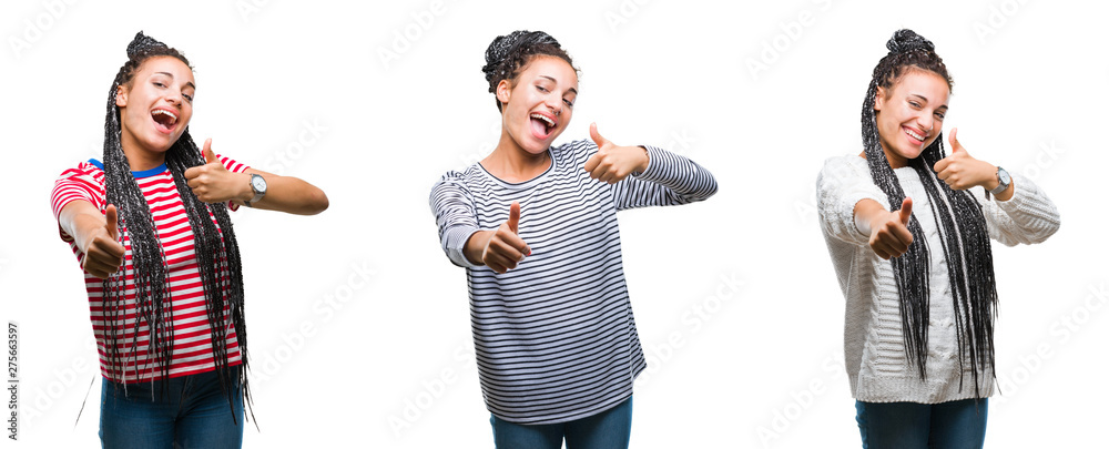 Collage of beautiful braided hair african american woman over isolated background approving doing positive gesture with hand, thumbs up smiling and happy for success. Collage of beautiful braided hair african american woman over isolated background approving doing positive gesture with hand, thumbs up smiling and happy for success.